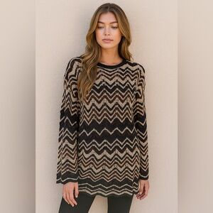 NORTHERN TRADITIONS | VINTAGE Chevron Black Brown  Tan Woven Scalloped Sweater
